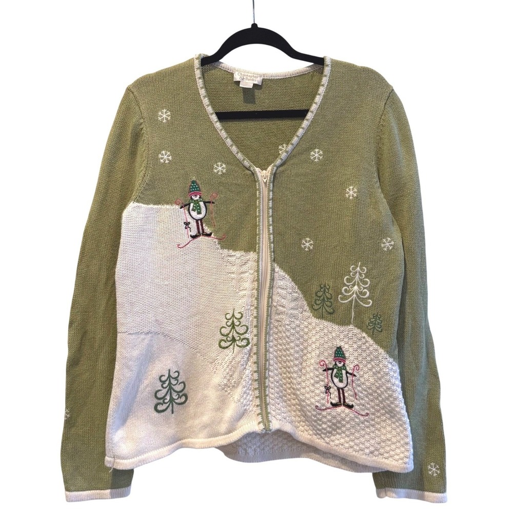 Christopher & Banks Olive Green Snowman Skiing Christmas Cardigan Women M‎